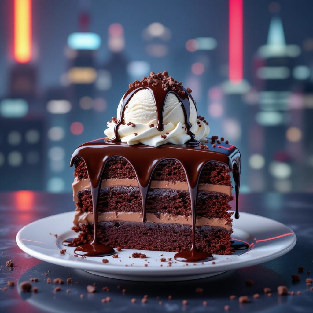 Decadent Chocolate Cake with Ice Cream and Fudge