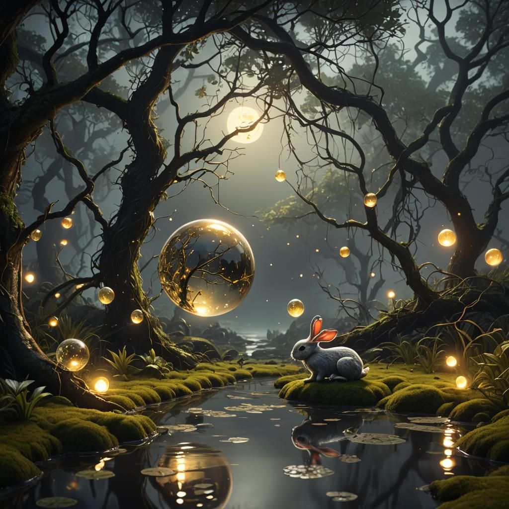 Silver Rabbit in Moonlit Swamp, Digital Art