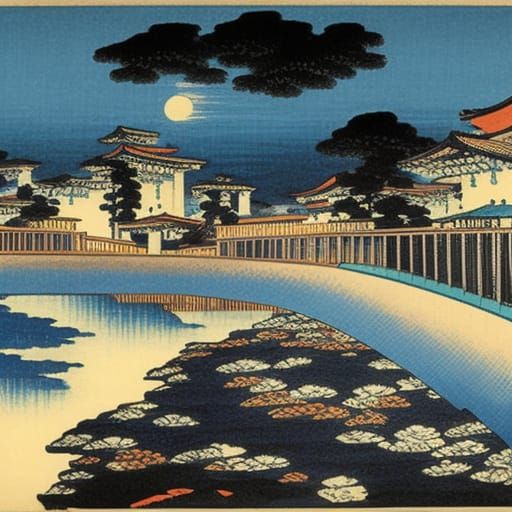 City at Night in Hokusai Style