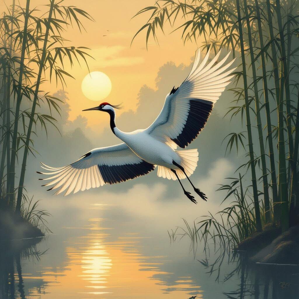 Crane in Flight Over Misty Lake: Japanese Painting Style