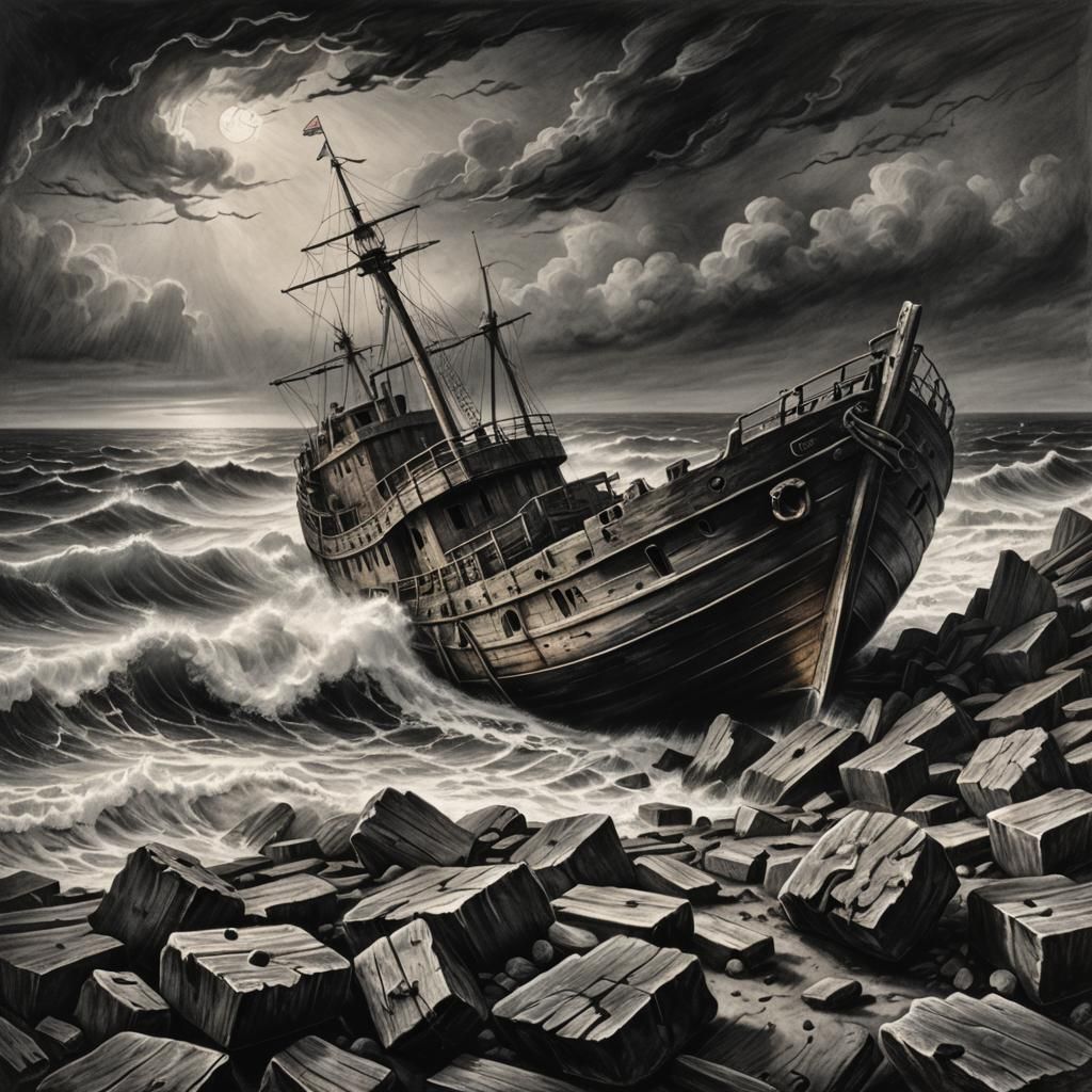 Ancient Shipwreck and Windy Rocks in Charcoal