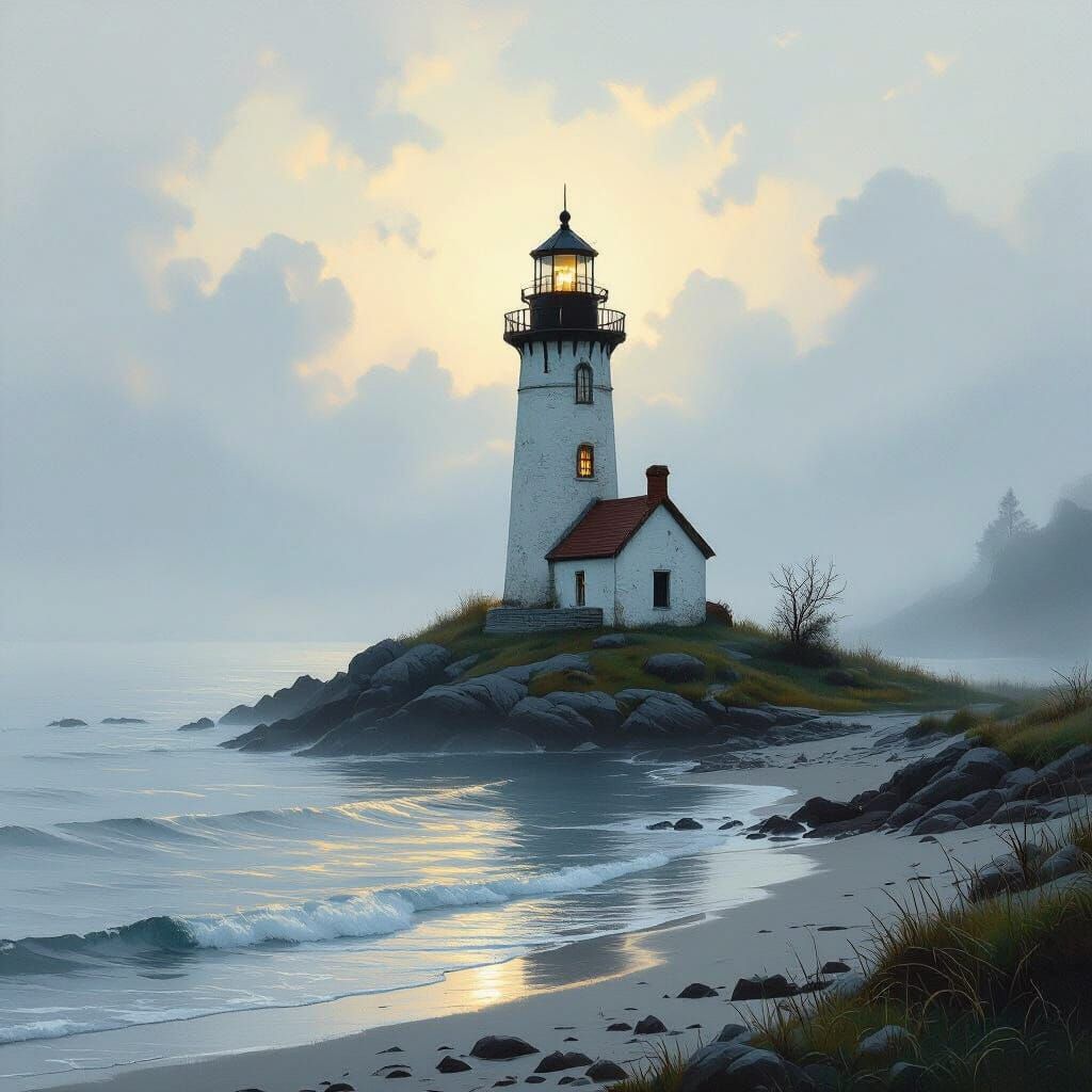 Lighthouse on Misty Island in Dreamy Landscape Style