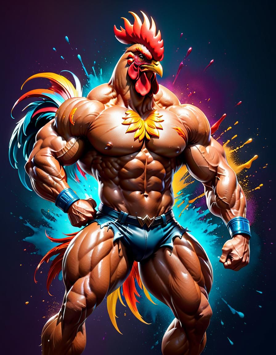 Hyperrealistic Bodybuilder Rooster with Strong Biceps