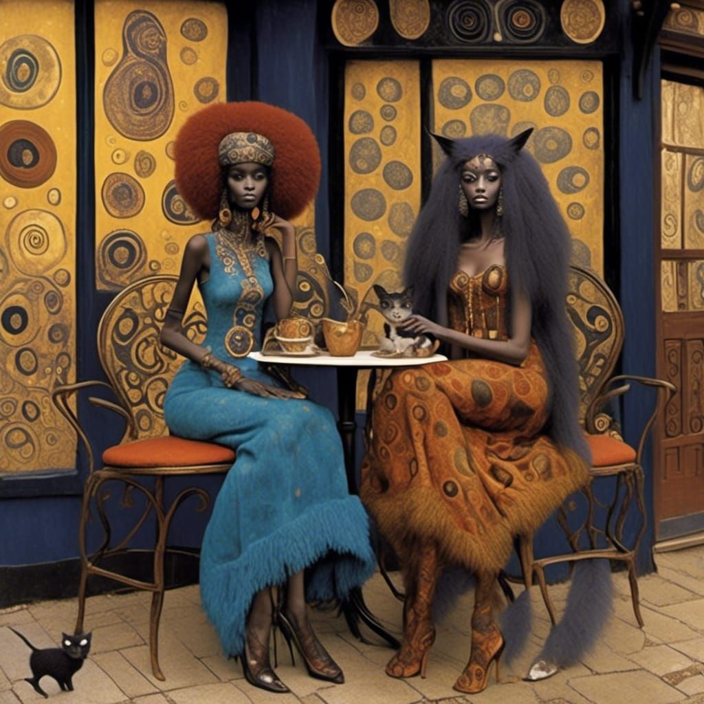 Elegant African American Women at Cafe, Bauhaus Style