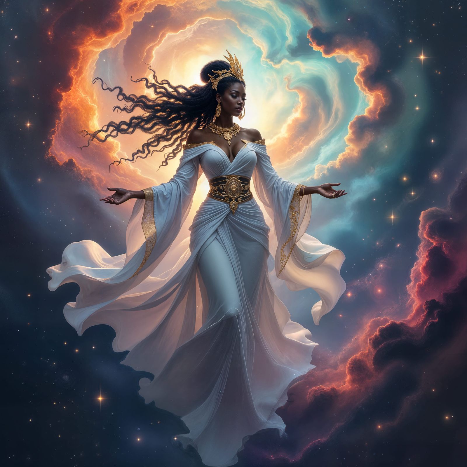 Celestial Black Orisha Emerges from Nebula