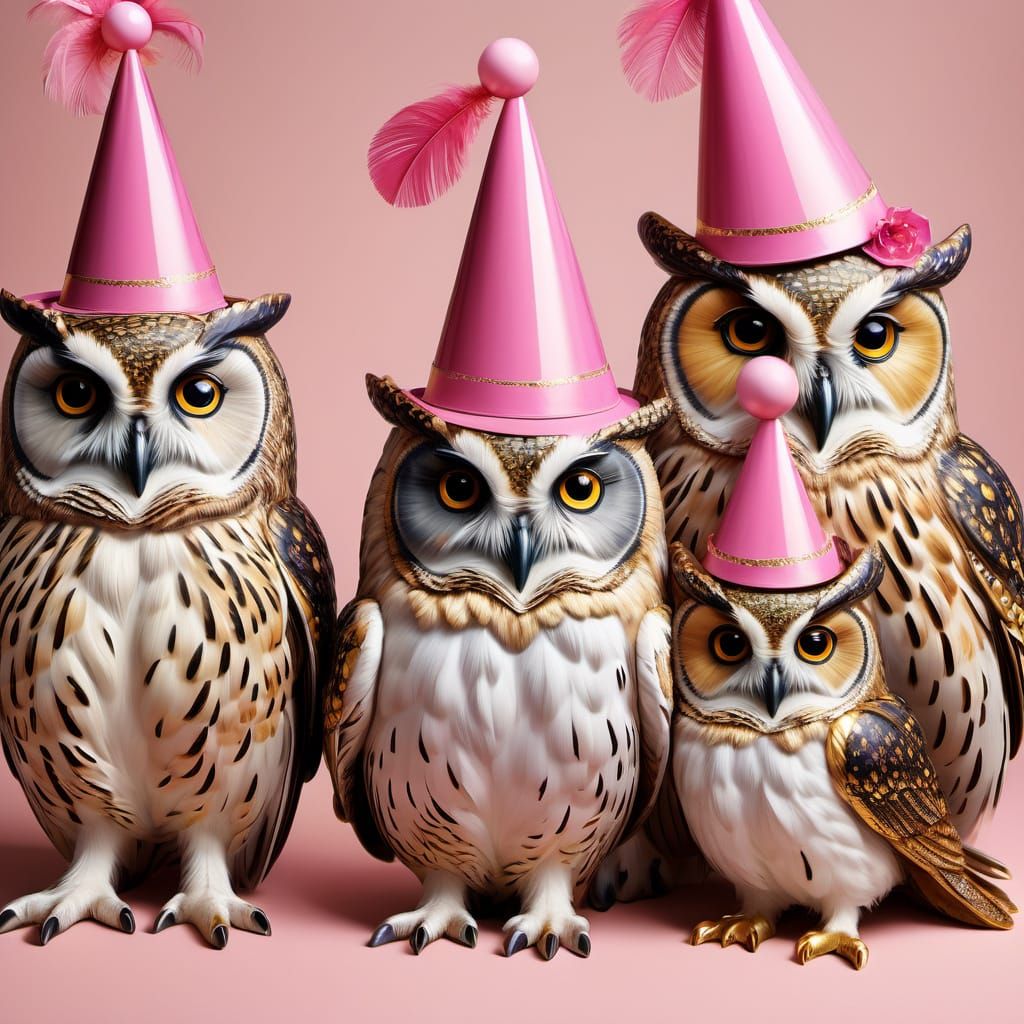 Digital matte painting. A flock of owls wearing pink birthda...