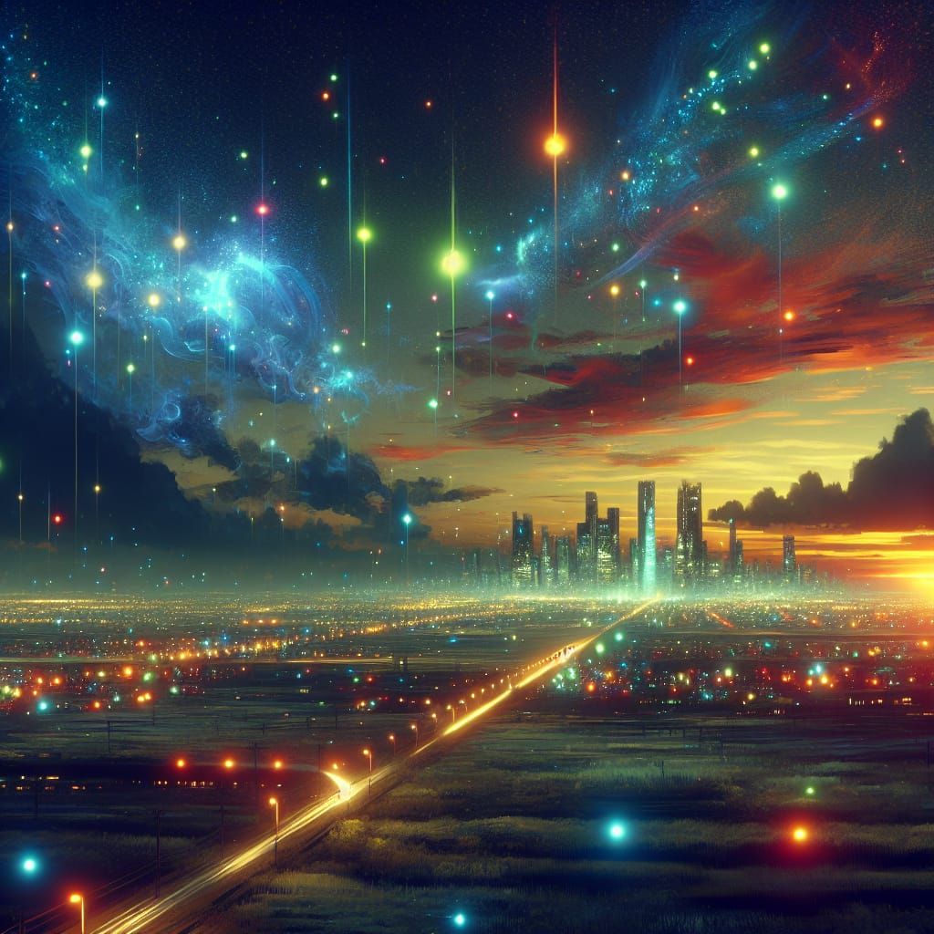 Futuristic Sky Lights Over Cities and Prairies