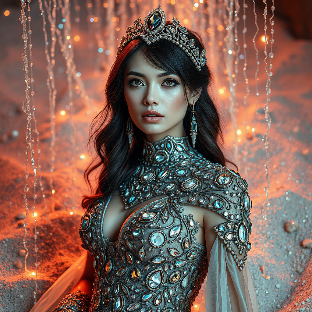 Gemstone Woman in Sparkling Sand, Syd Mead Style