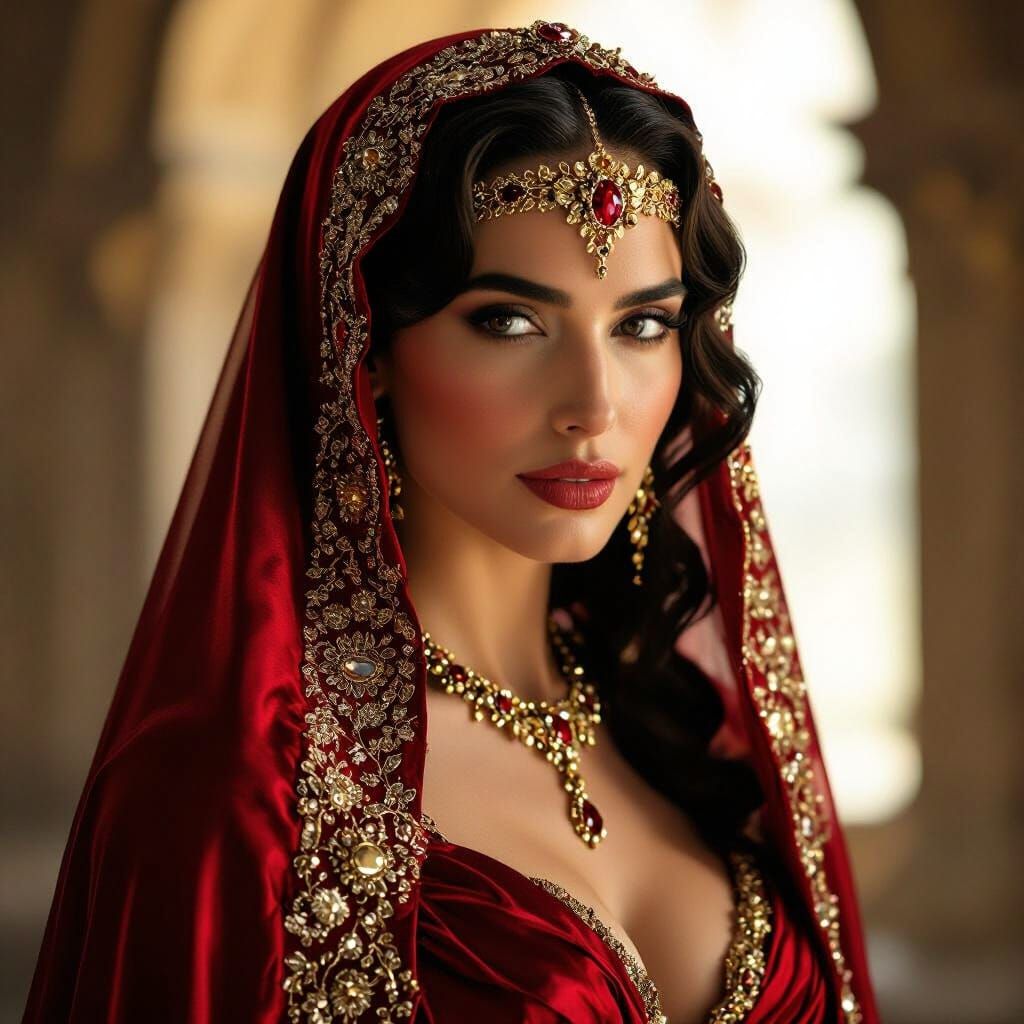 Diana Prince in Crimson Silk Veil with Gold and Jewels
