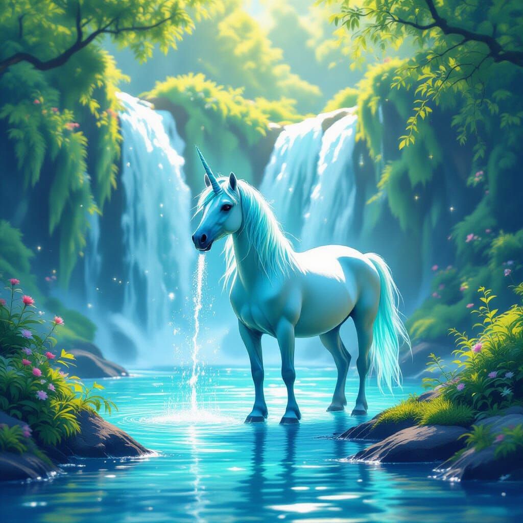 Turquoise Unicorn at Rainbow Waterfall: Dreamy Digital Art