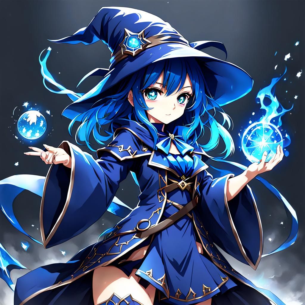 Anime Dark Blue Wizard Girl Illustration