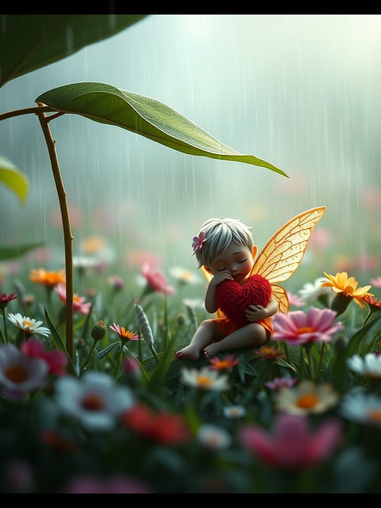 Tiny Fairy Under Leaf in Summer Rain