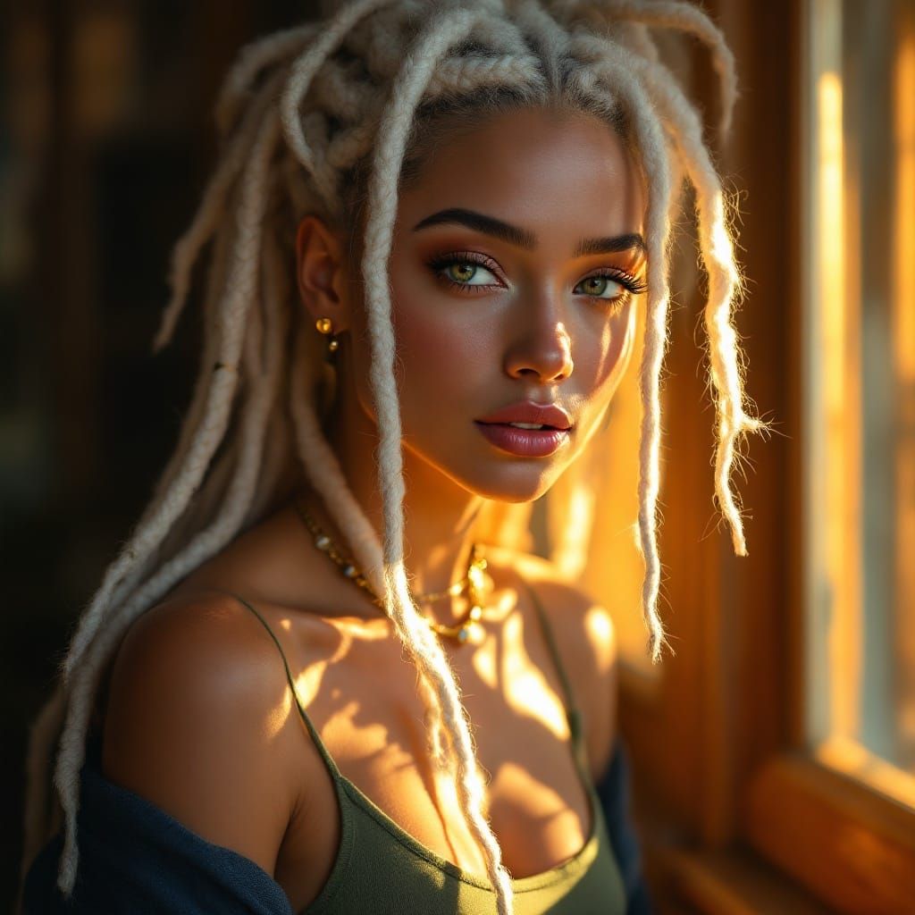 Woman with Golden Locks and Green Eyes in Ethereal Glow