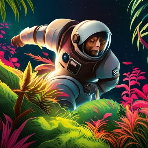 Biopunk Astronaut Surrounded by Iridescent Vegetation