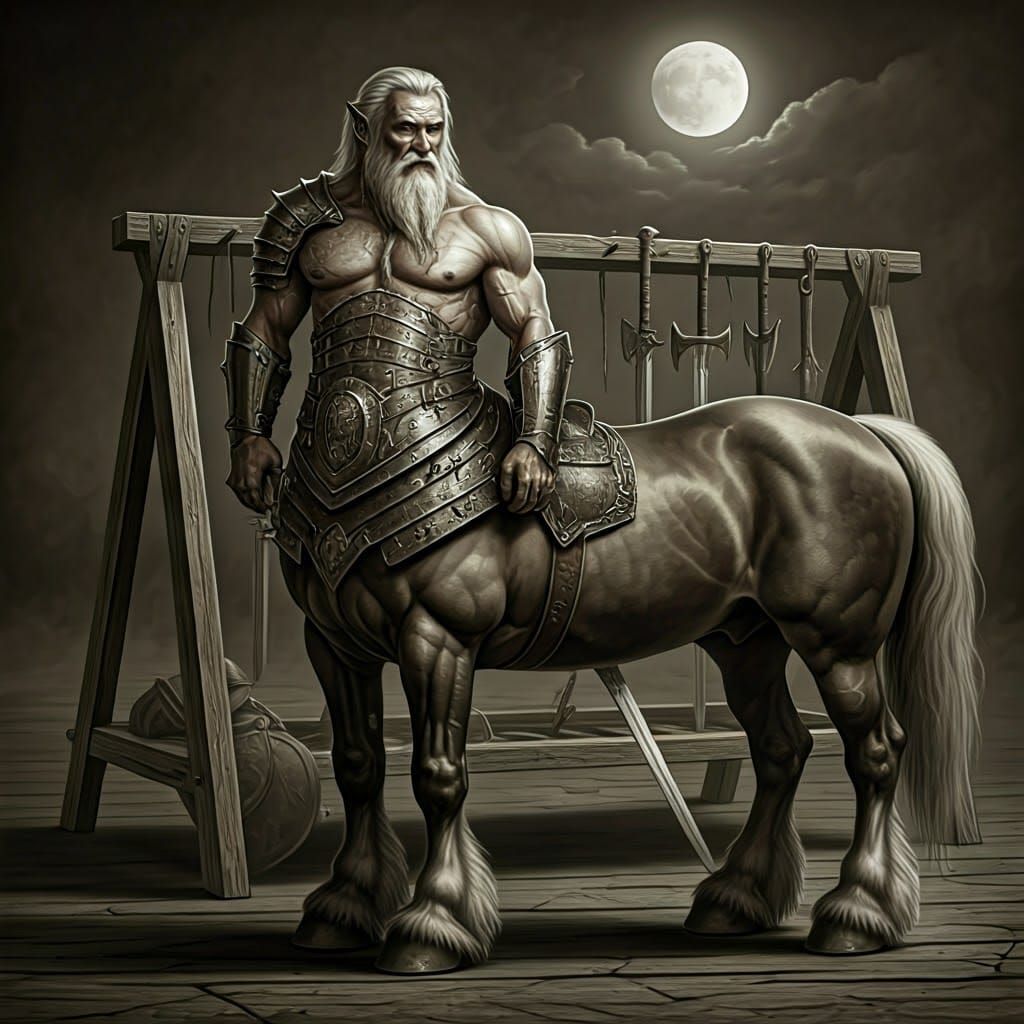 Majestic Centaur Choosing Weapon in Charcoal Style