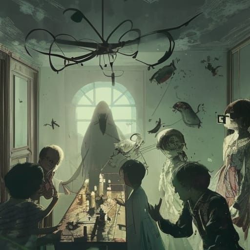 Intricate Ghost Seance Illustration in Studio Ghibli Style