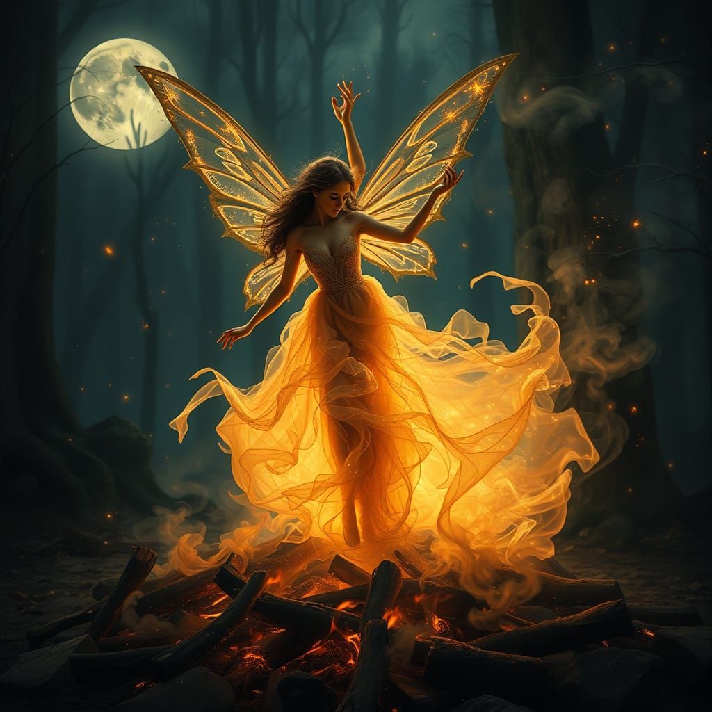 Ember Fairy in Moonlit Forest, Renaissance Painting