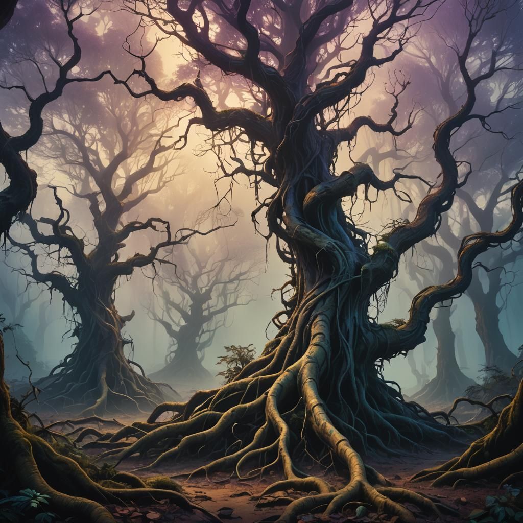 Mystical Forest: Twisted Roots in Surreal Landscape