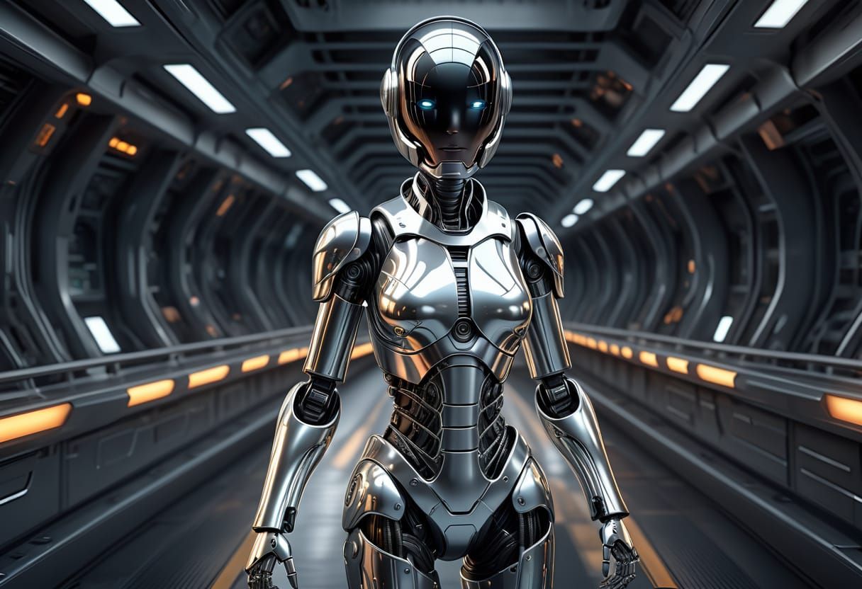 Sleek Chrome Robot on Spaceship Bridge in 3D
