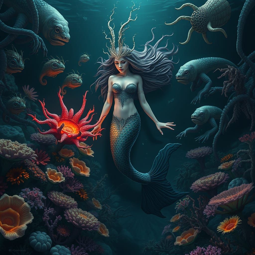 Mermaid in Dark Ocean Garden, Digital Matte Painting