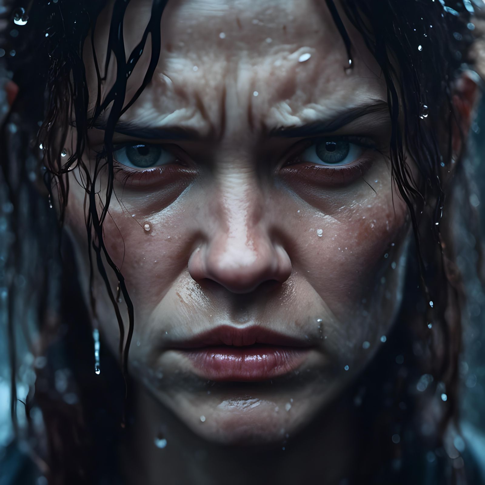 Furious Woman's Portrait in Rain, Hyperrealistic Close-up