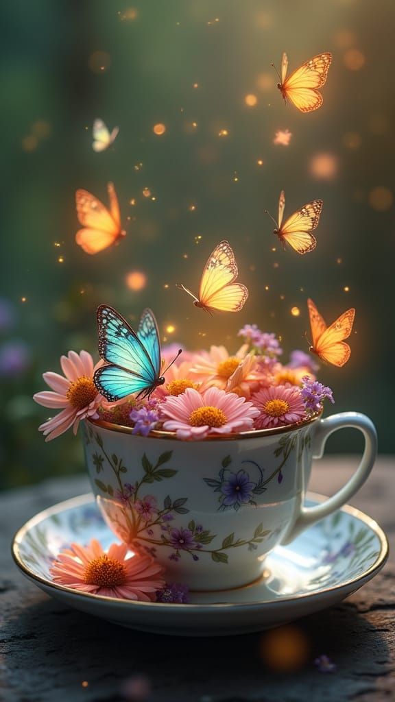 Enchanted Teacup with Glowing Wildflowers and Butterflies