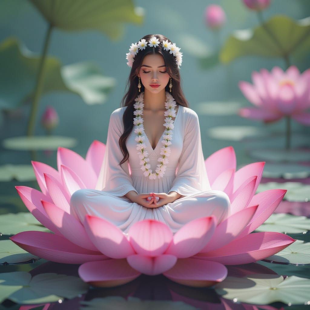 Girl Meditating in Giant Pink Lotus, Fantastical Matte Paint...