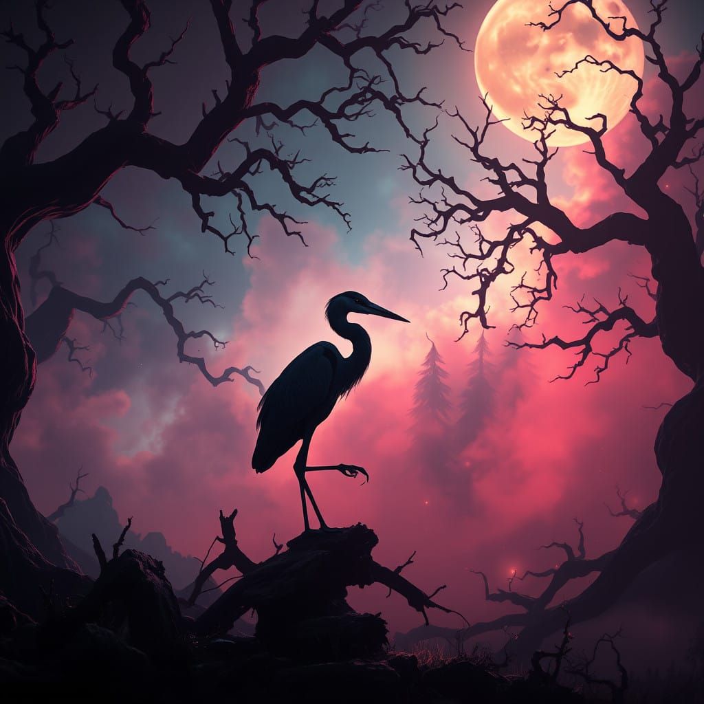 Majestic Heron in Dreamlike Fantasy Landscape