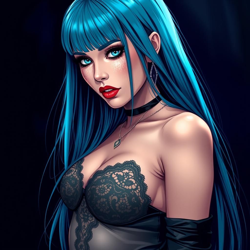 Breathtaking Woman with Blue Hair in Comic Book Style