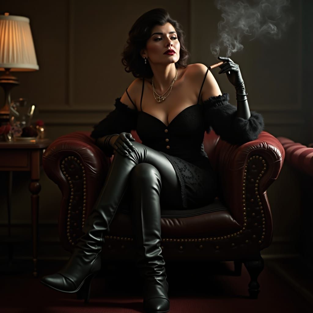 Elegant Woman in Boots Smoking Cigar