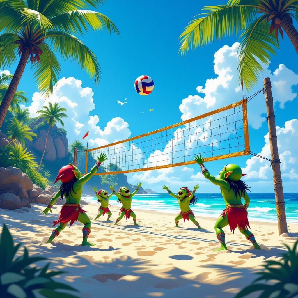 Goblins Play Volleyball On Tropical Beach