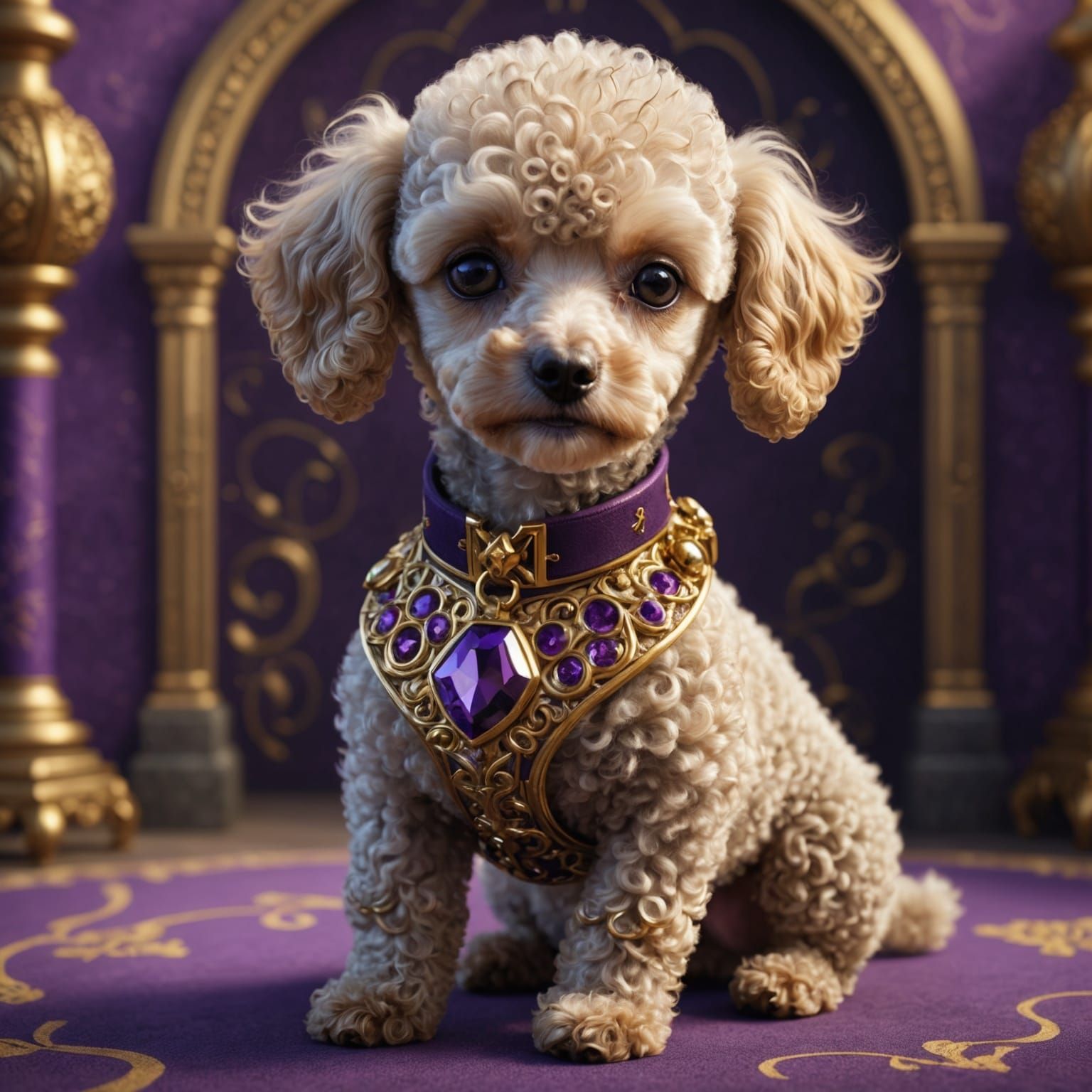 Cute Beige Poodle with Purple and Gold Collar