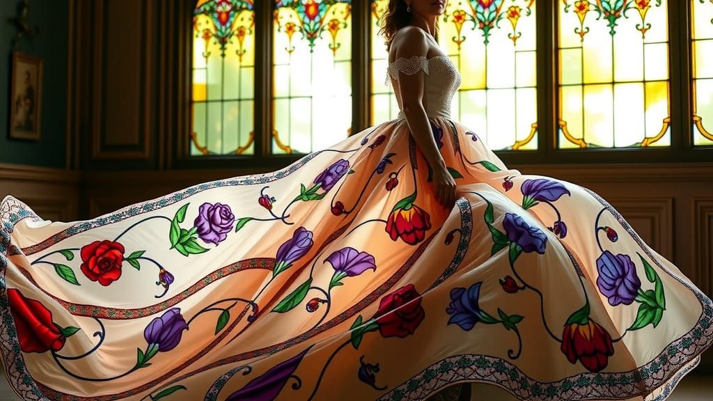 Regal Stained Glass Gown in Art Nouveau Style