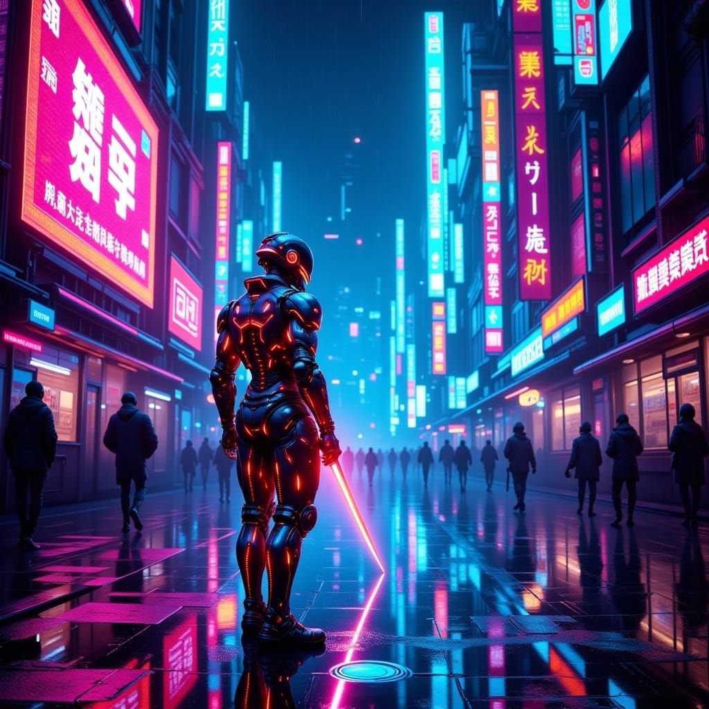 Cyborg on the neon strip