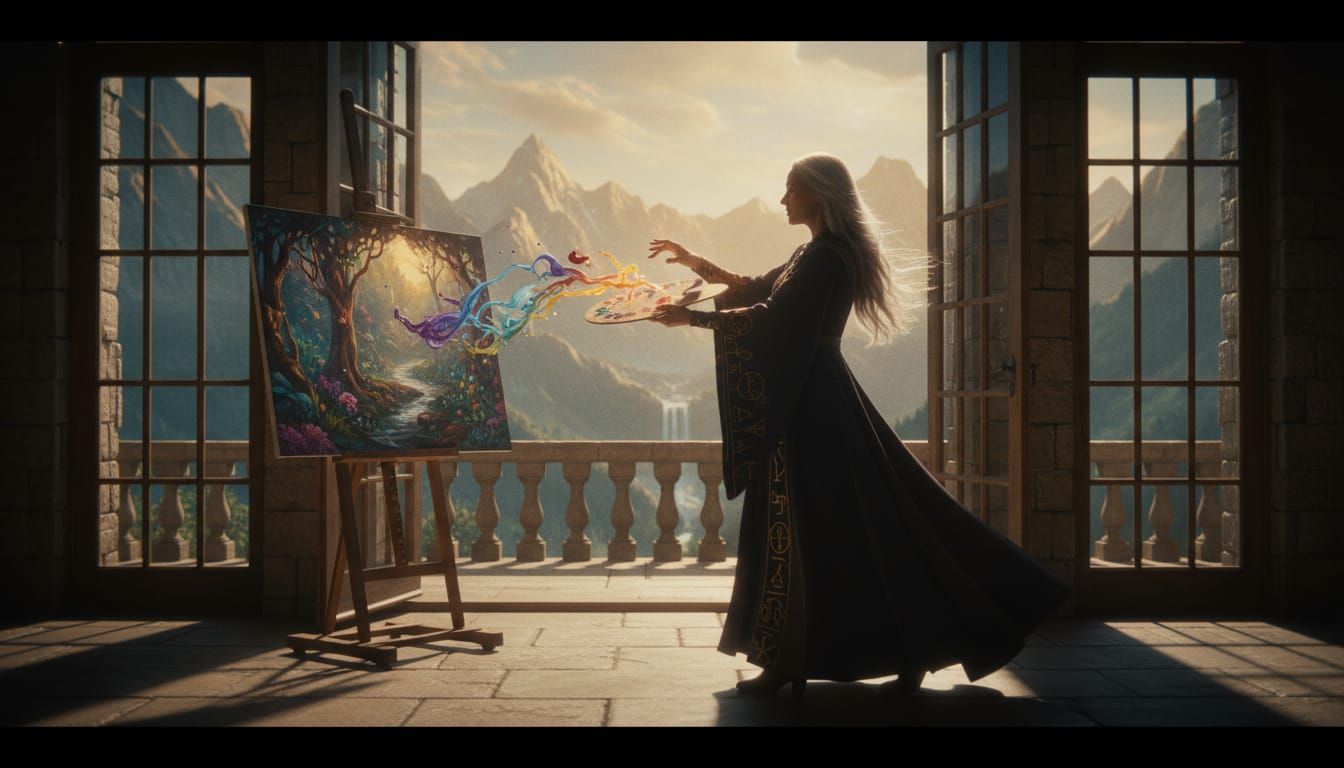 Sorceress Levitates Paint to Create Forest Landscape