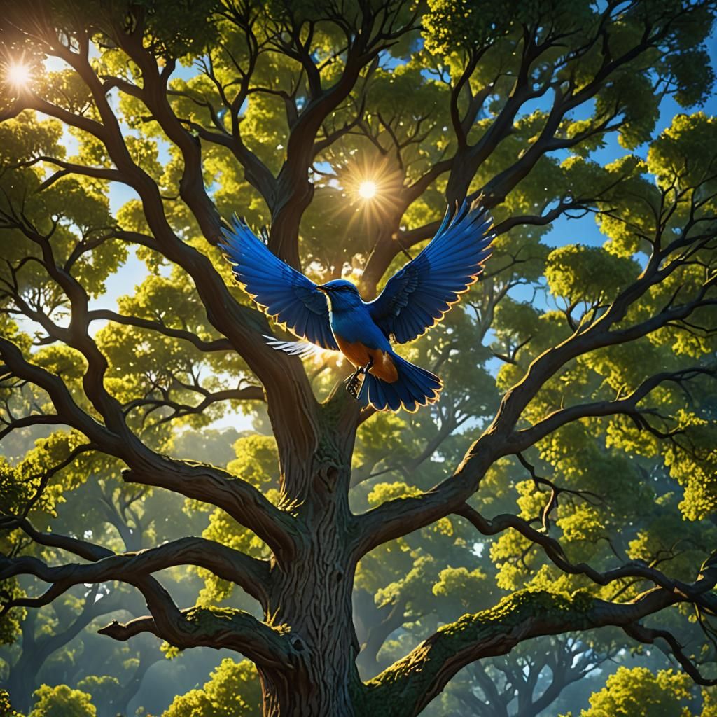 Bluebird Lands in Oak Tree: Detailed Matte Painting