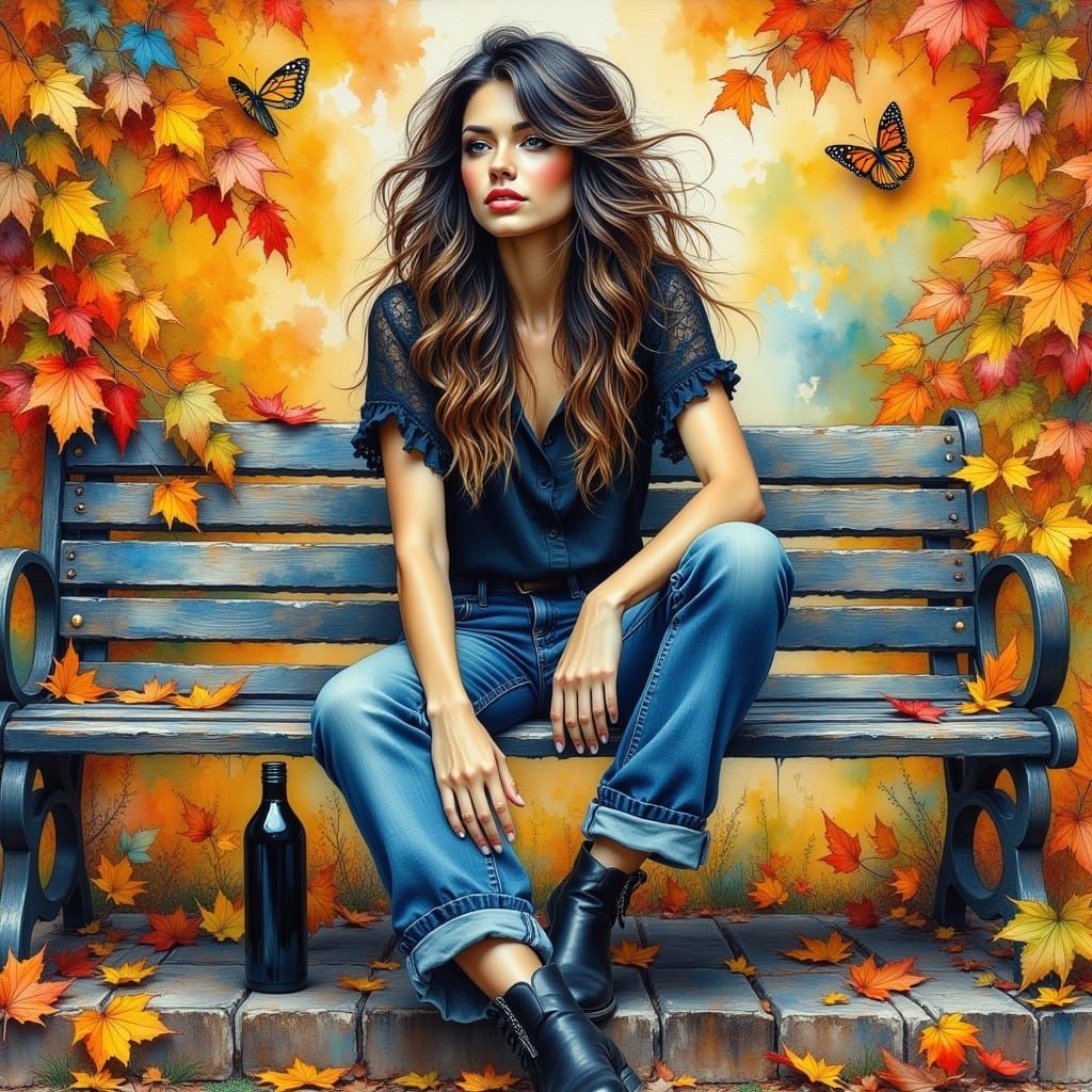 Woman on Park Bench in Autumn Foliage, Mixed Media Art