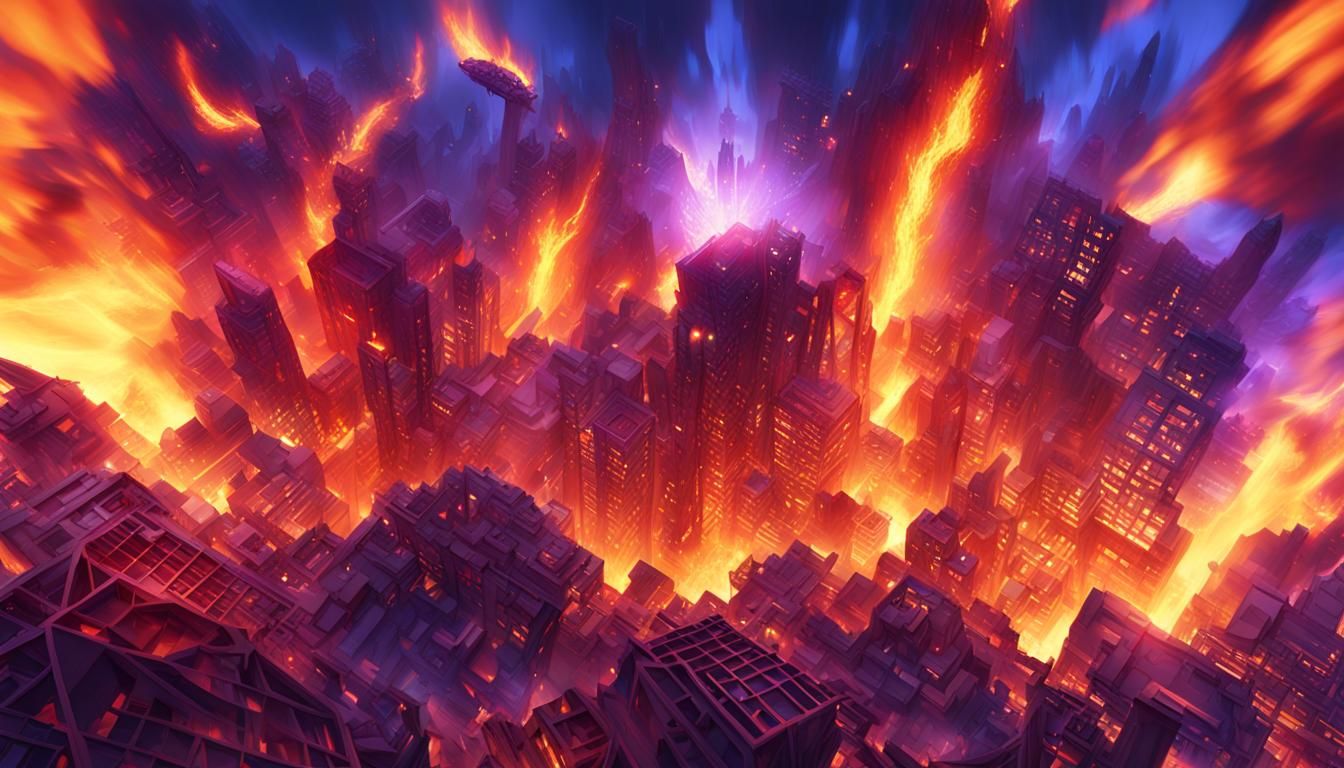 Explosive Flames Engulf City Framework: Surreal 3D Art