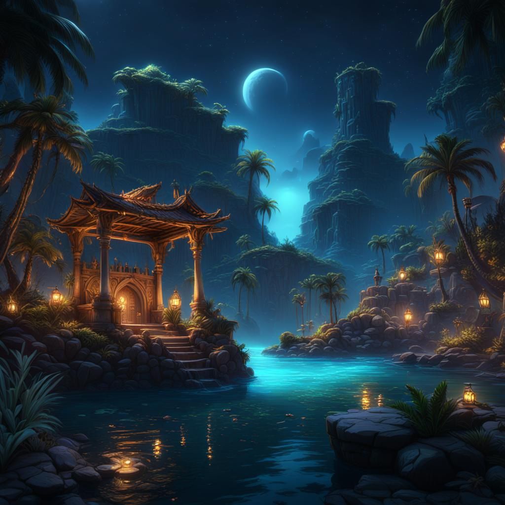 Island Oasis at Night: Fantasy Concept Art