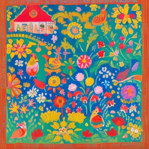 Vibrant Spring Scene in Whimsical Folk Art Style
