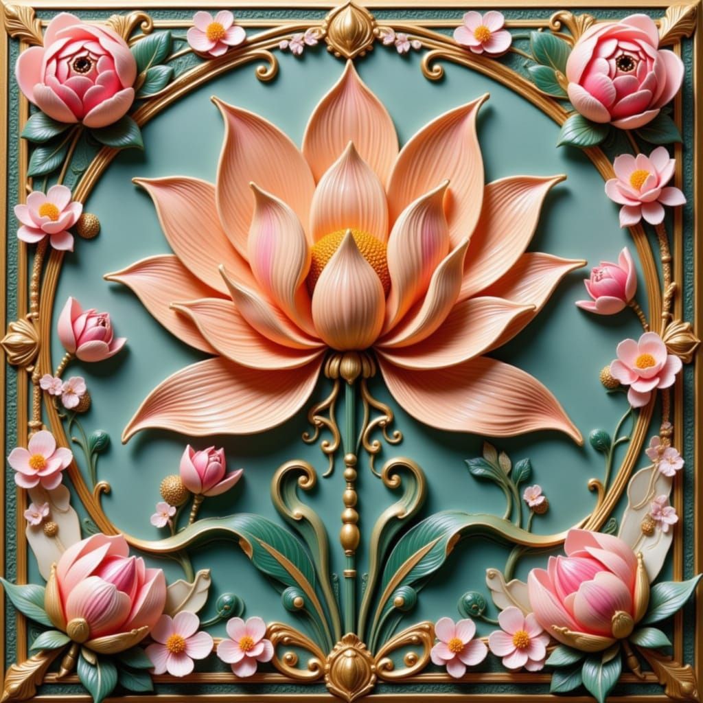 Art Deco Granite Wall Tile with Lotus, Ladybugs, and Blossom...