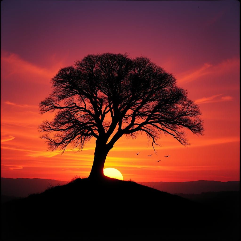 Ethereal Sunset Landscape with Majestic Tree