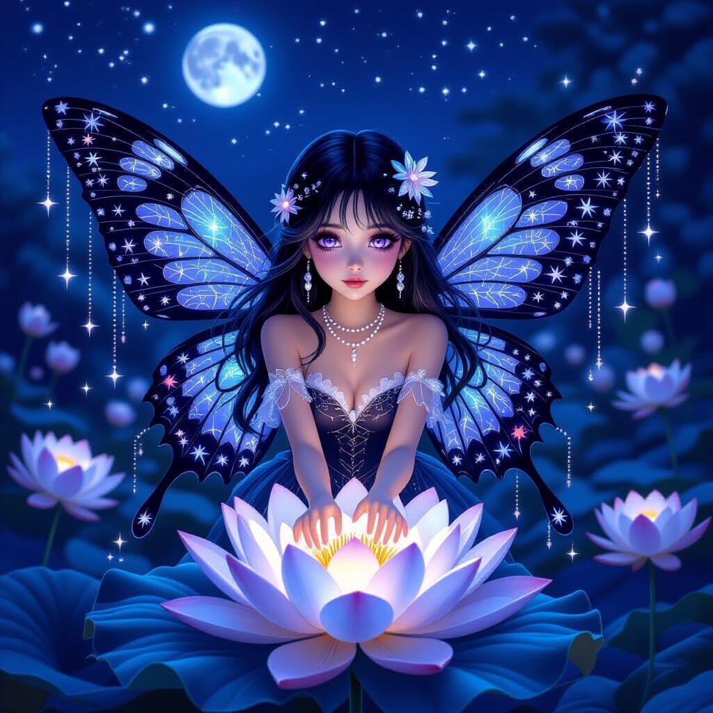 Moonlit Butterfly Girl Sprinkling Dreams in Garden