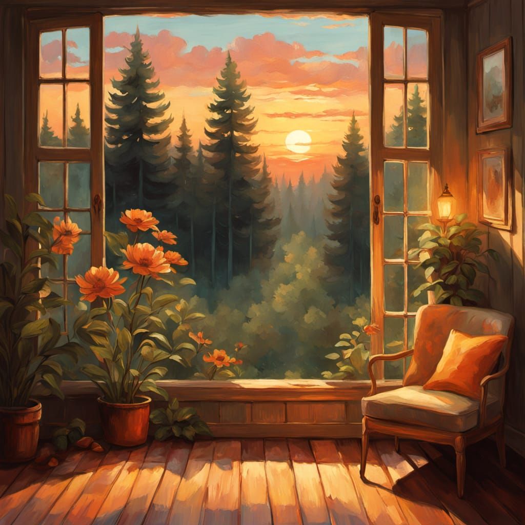 Cozy Vintage Room Sunset Oil Painting
