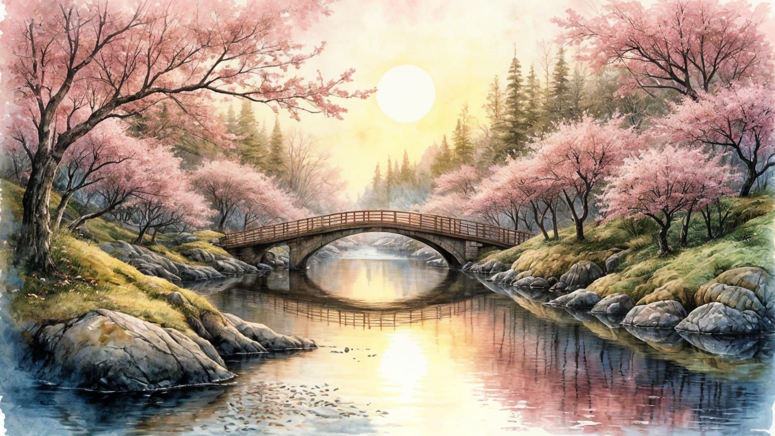 Surreal Japanese Landscape at Night in Watercolor Lithograph...