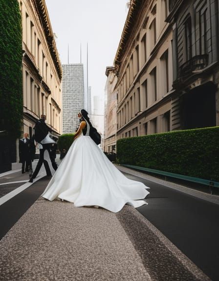 Sunset Bride in Warped Cityscape: Street Photography