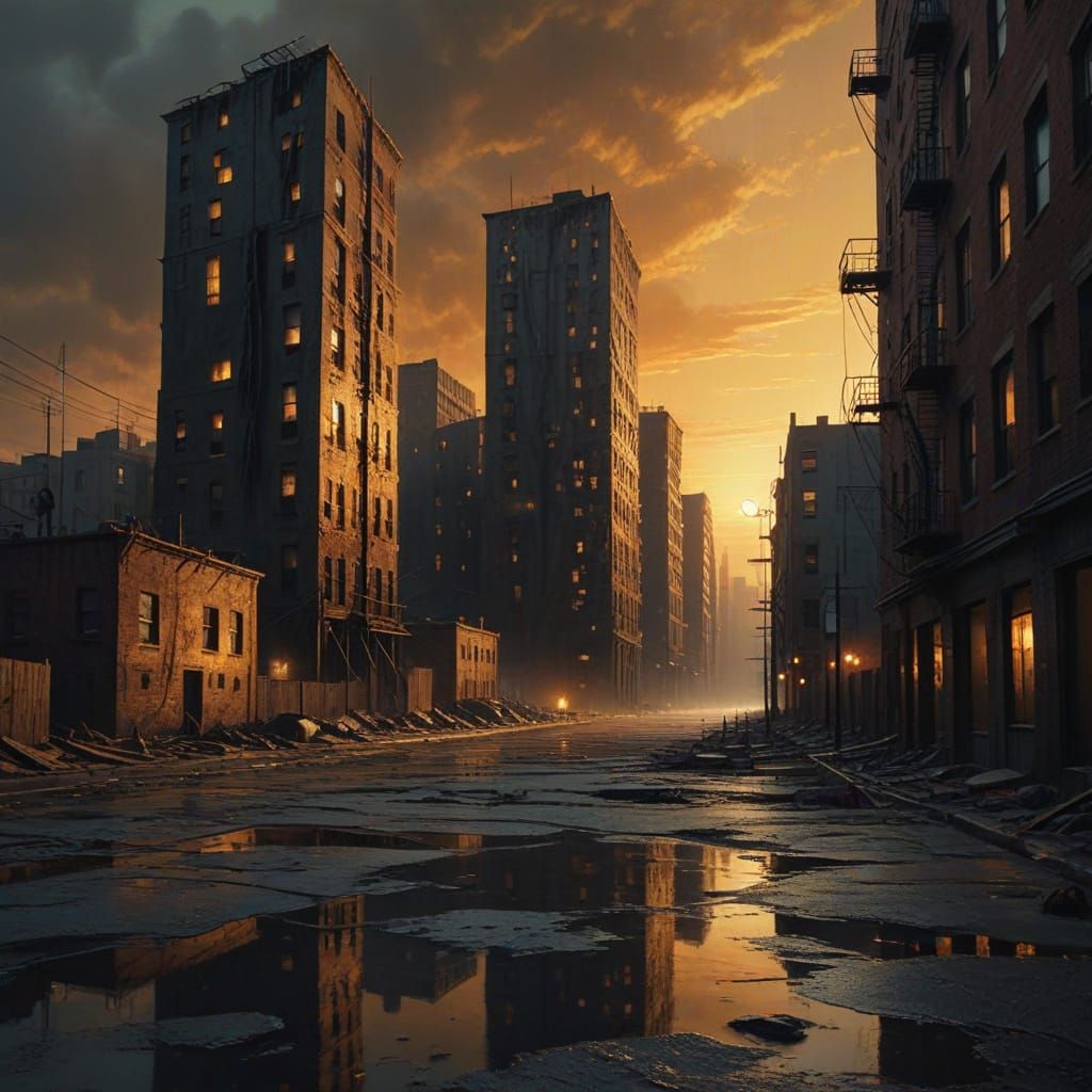 Surreal Desolate Cityscape at Twilight in Oil