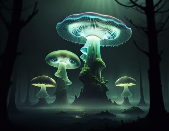 Mystical Jellyfish and Toadstool Landscape in Digital Art