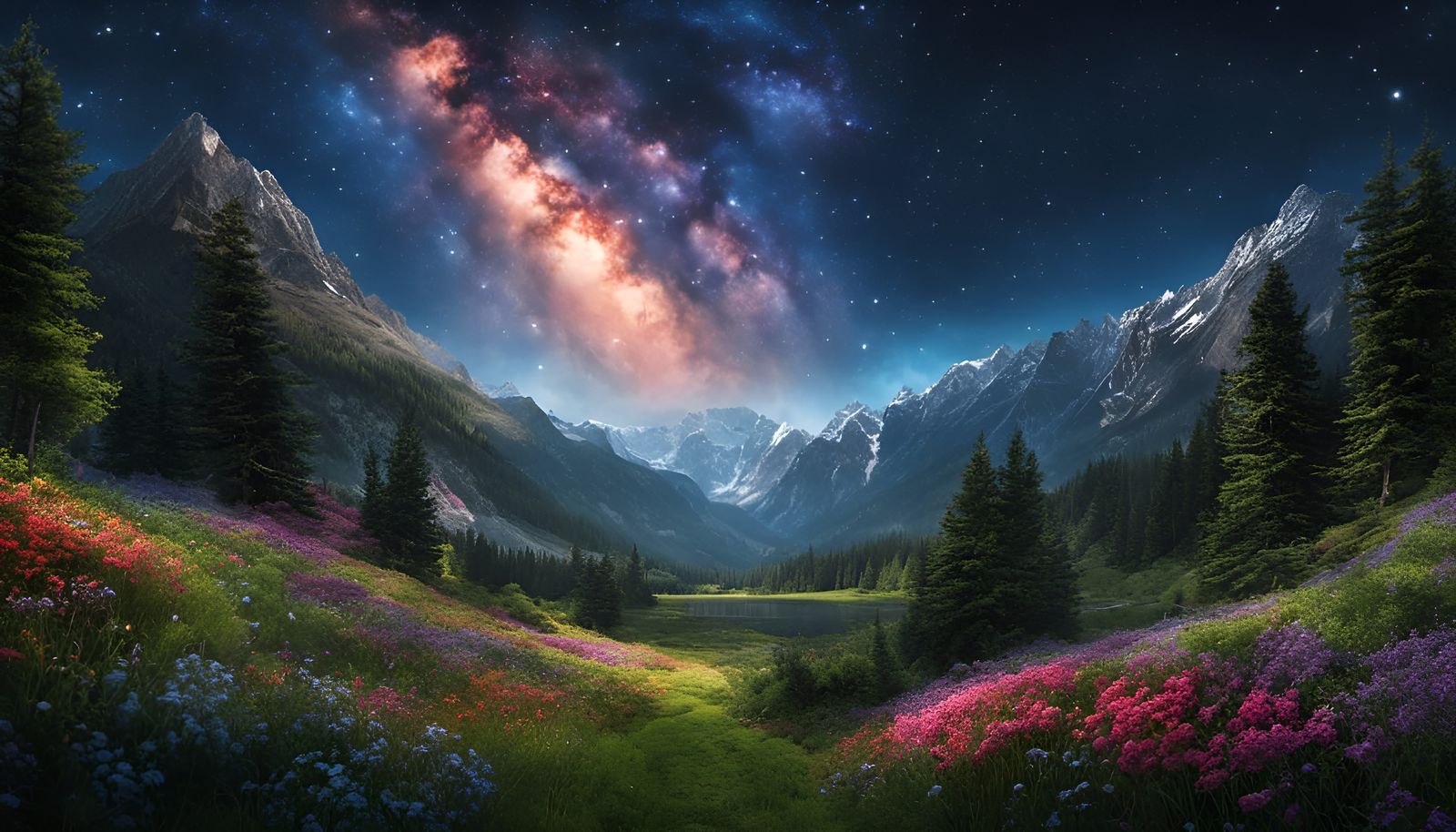 Psychedelic Milky Way Garden Under Cosmic Sky
