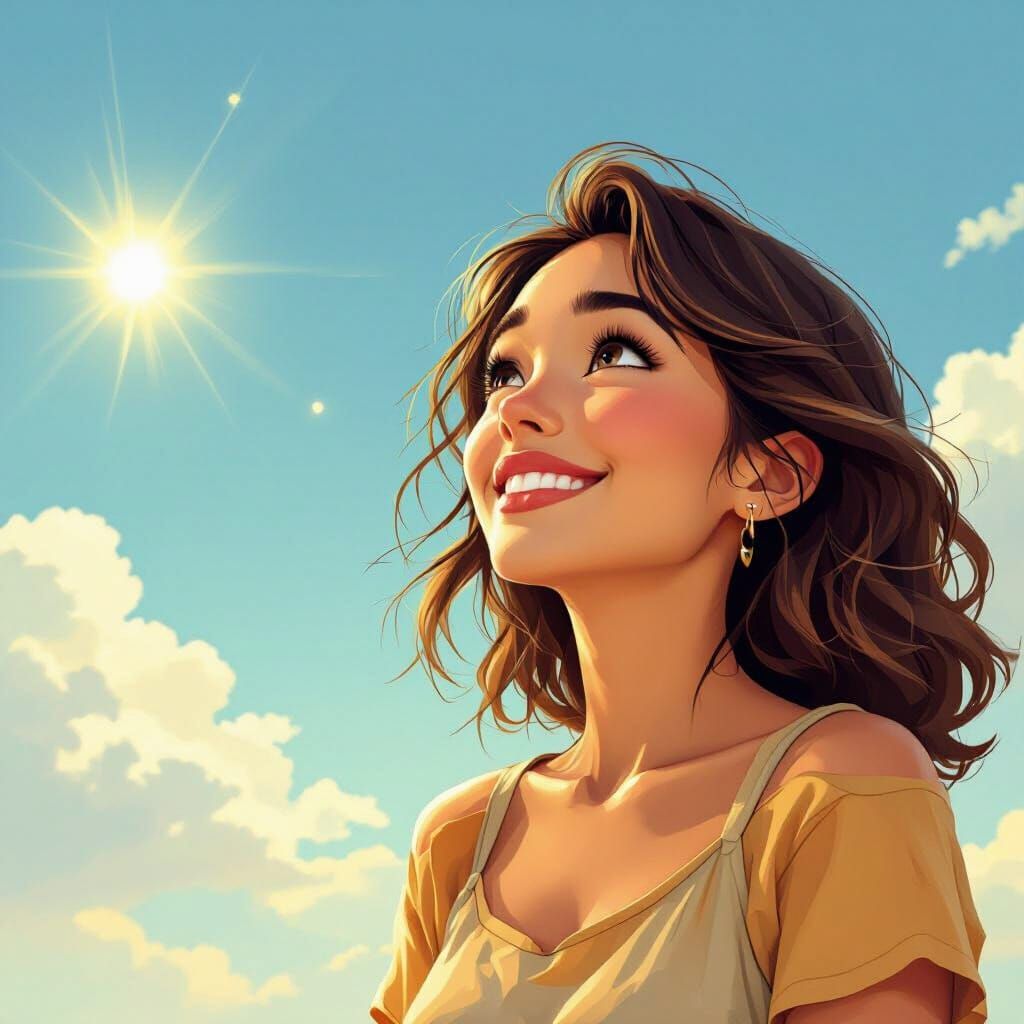 Radiant Smile: Peaceful Gaze into a Pixar Sky